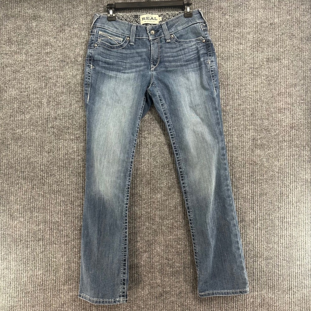 Ariat REAL Jeans Womens 29R Blue Mid Rise Straight Leg Embroidered Pockets Good